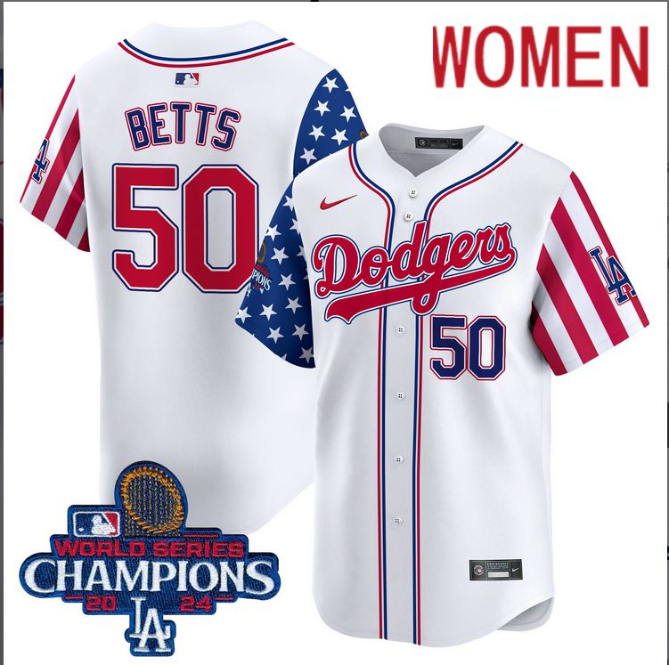 Women  MLB Los Angeles Dodgers #50 Betts American Style white 2024 World Series Champions  Limited Jersey